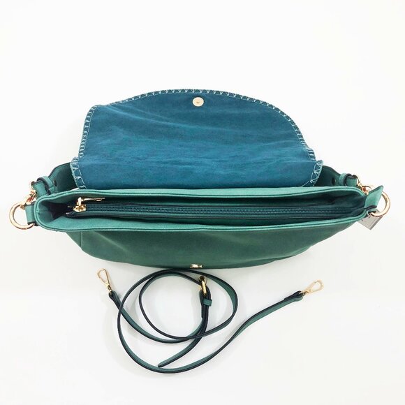 Jen & Co Jess Vegan Stitched Shoulder Bag Faux Suede Faun Blue 15x11x3.5 inches - Picture 4 of 8